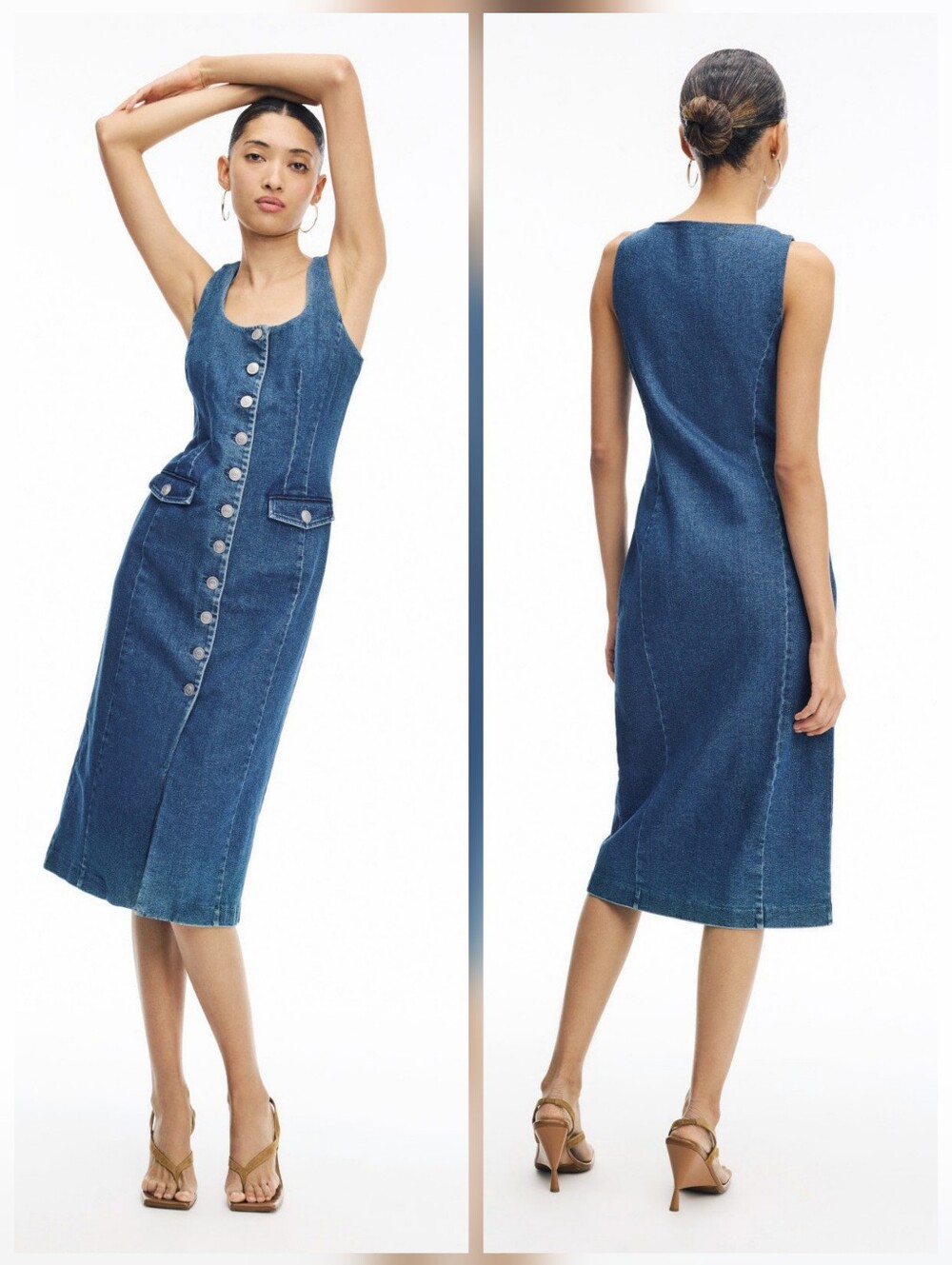 Toccin Scoop Neck Button Front Midi Dress Sleeveless Front Button Size 8
